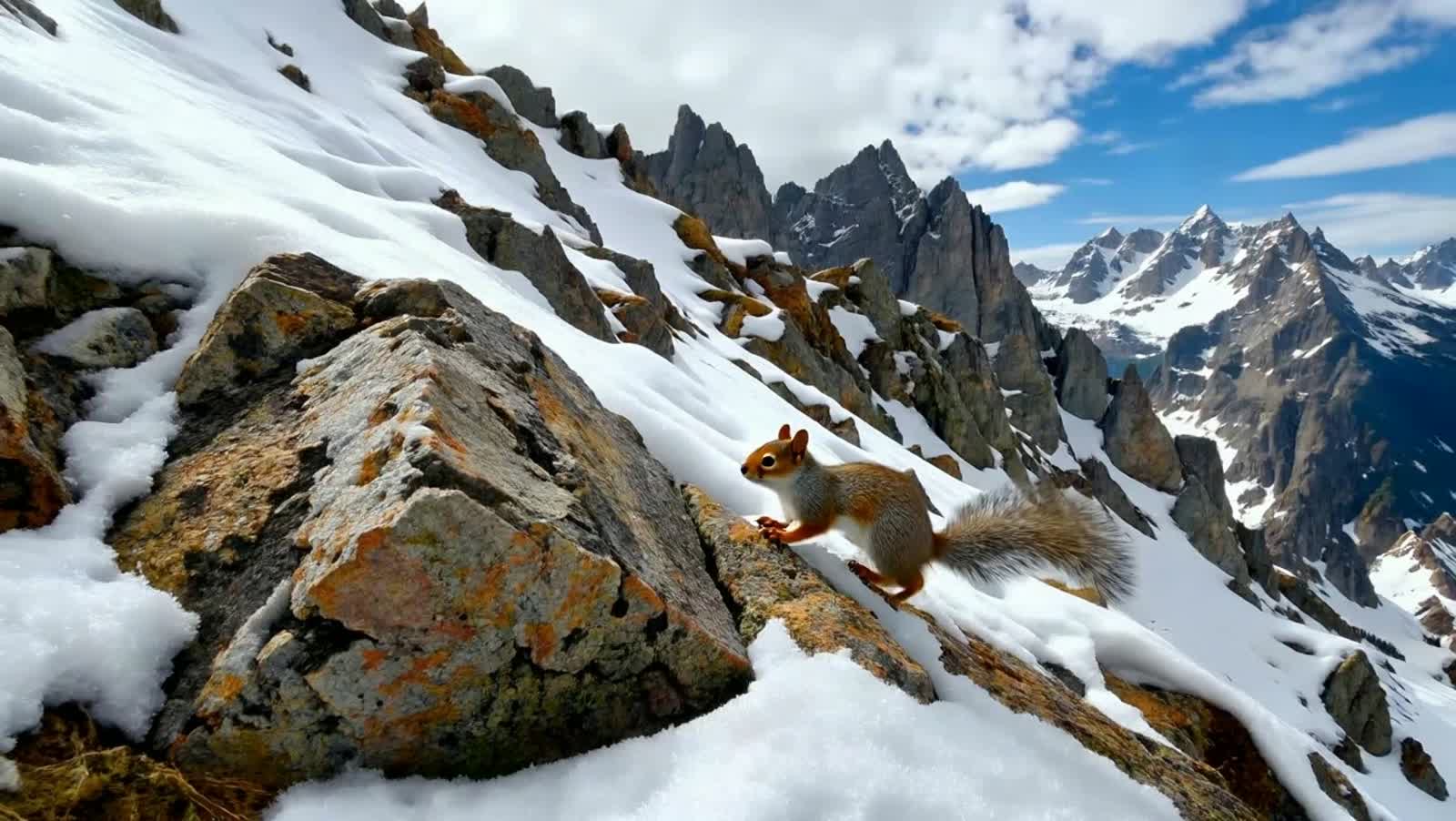 aggiungi scoiattolo che si arrampica su delle rocce in una montagna ripida e innevata