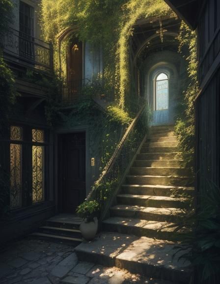 a painting of a stairway leading to a building, atmospheric ...