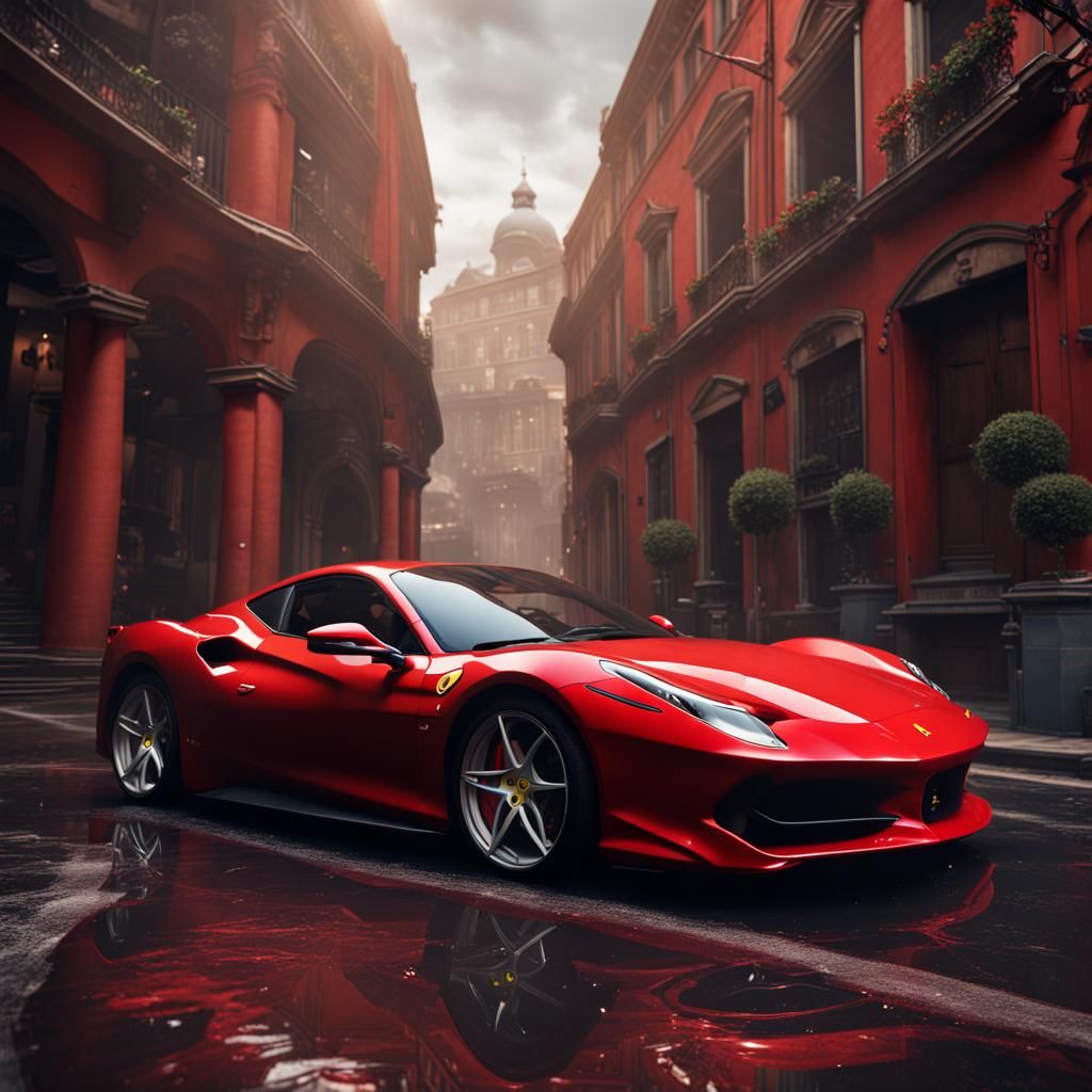 a red ferrari in streets drifting