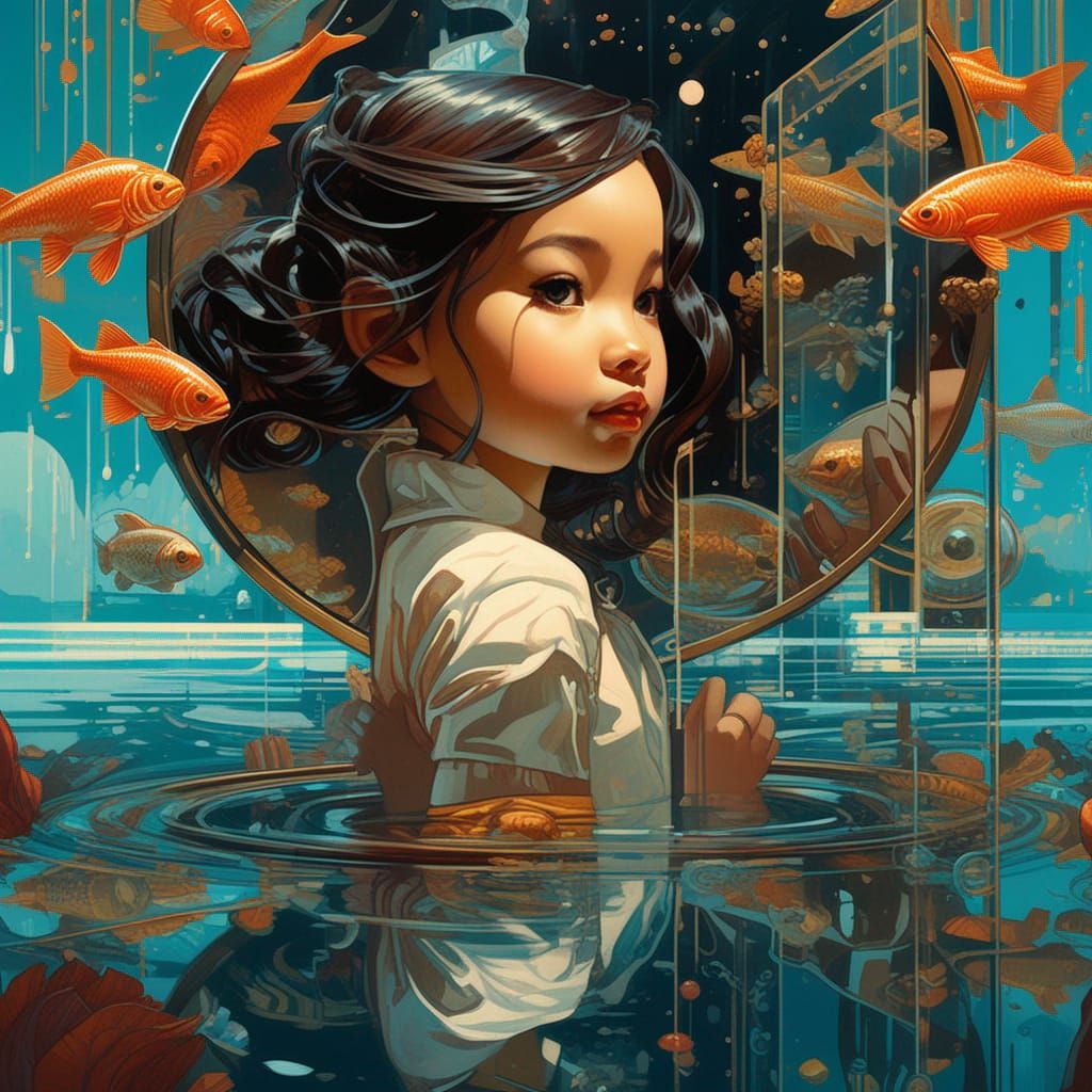 A curious girl touching a mirrored reflection of herself in the water.  by @Aman Anand