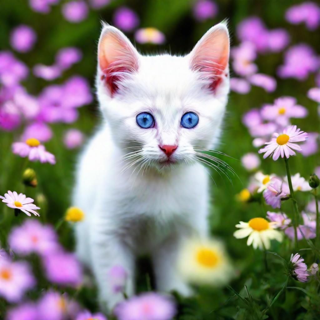 , White kitten huge blue eyes half his face and one ear Blac...