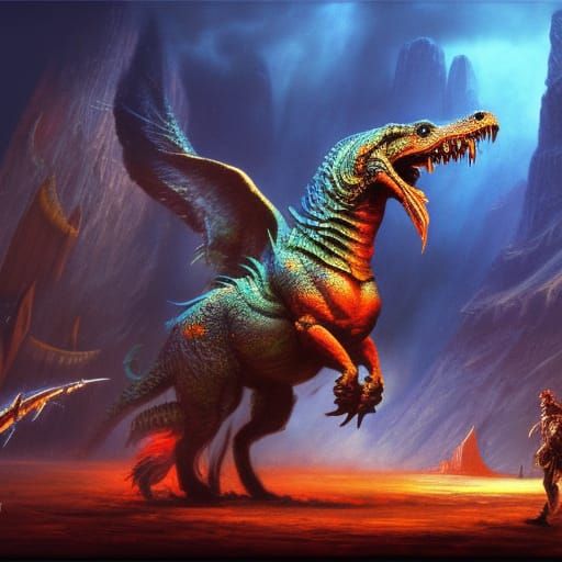 A scene from the opera Die Walküre with a Tyrannosaurus Rex ...