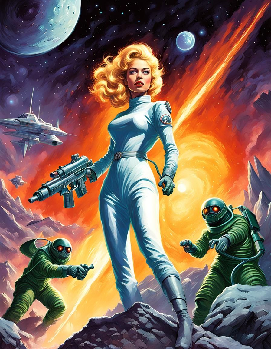 Classic Science Fiction Book Cover Art Of Moon Maiden With Ray Gun In Peril From Space Lizard