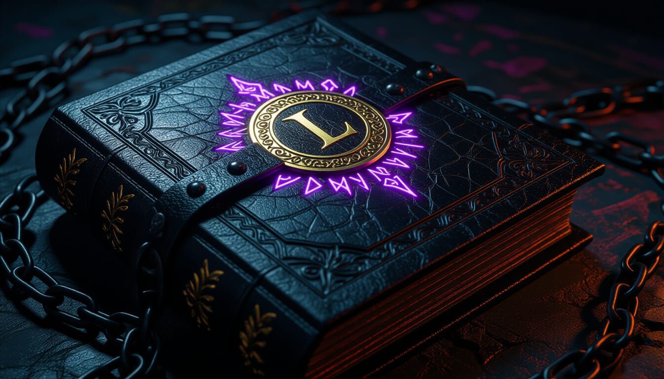 Close-up of a forbidden, indestructible grimoire. Its cover is dark obsidian leather, intricately veined with glowing, subtly shifting viole...