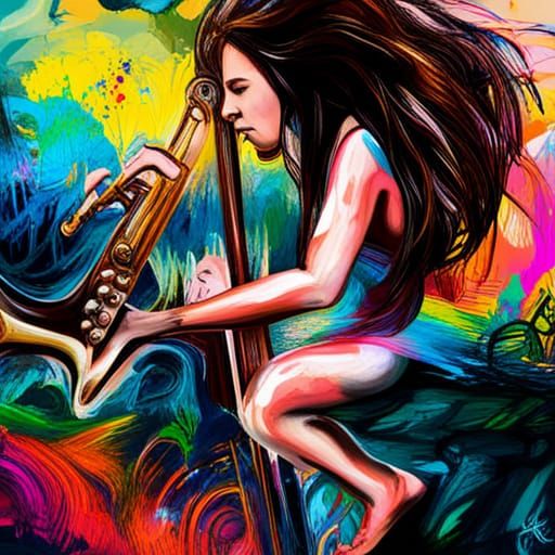 woman playing a saxophone on a cliff