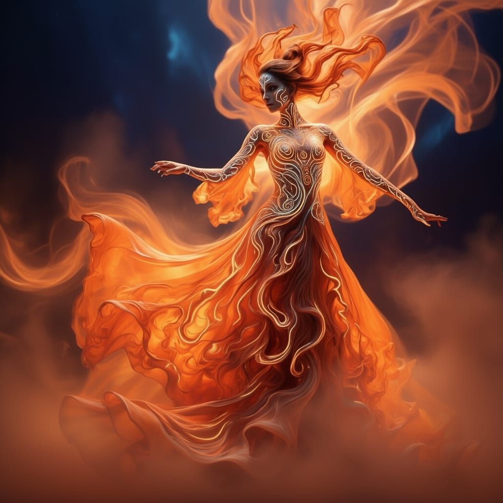 Bioluminescent Dancer in Flowing Copper and Smoke