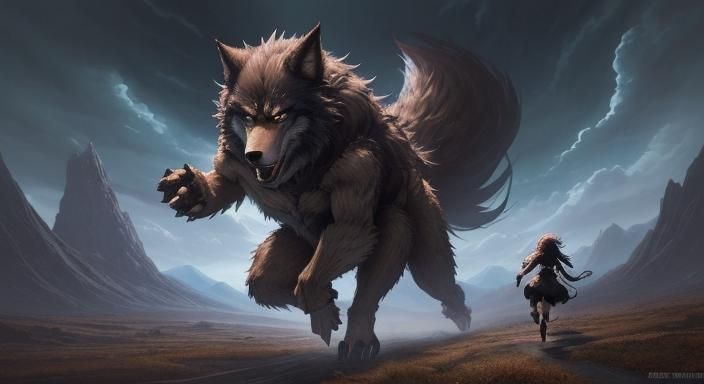 hairy brown monster giant wolf sky fantasy running stalking evil dark ...