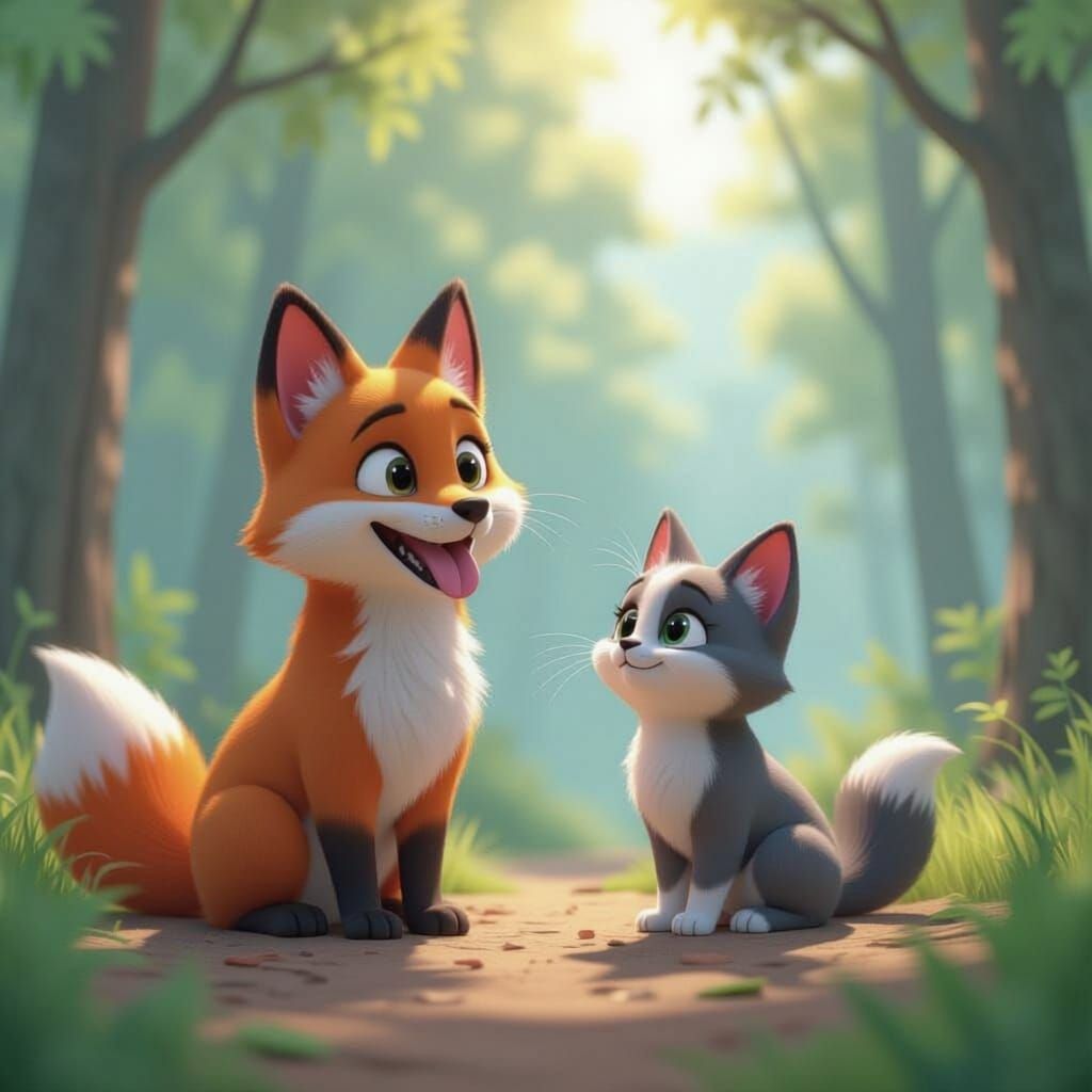 Fox and dog and cat all lost in a world that looks like an M C Eshire painting 