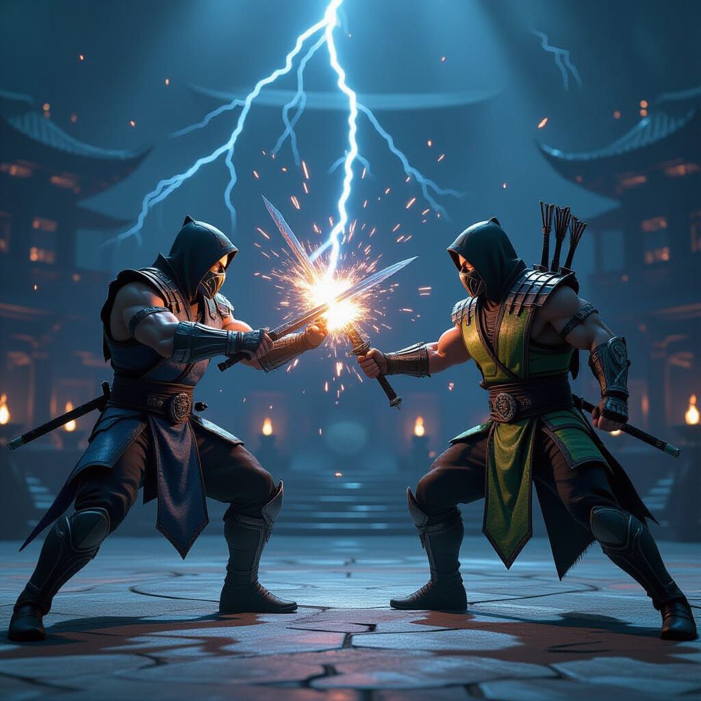 Sub-Zero and Scorpion fighting in a dark Mortal Kombat arena...