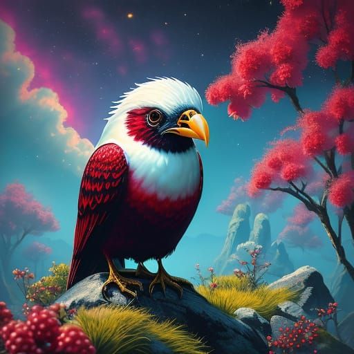 Surreal Crimson Creature in Dreamy Japanese Watercolor Style