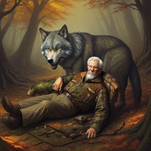 Really old white man lying curled up in an old dark forest i...