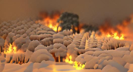 pine forest on fire in a storm