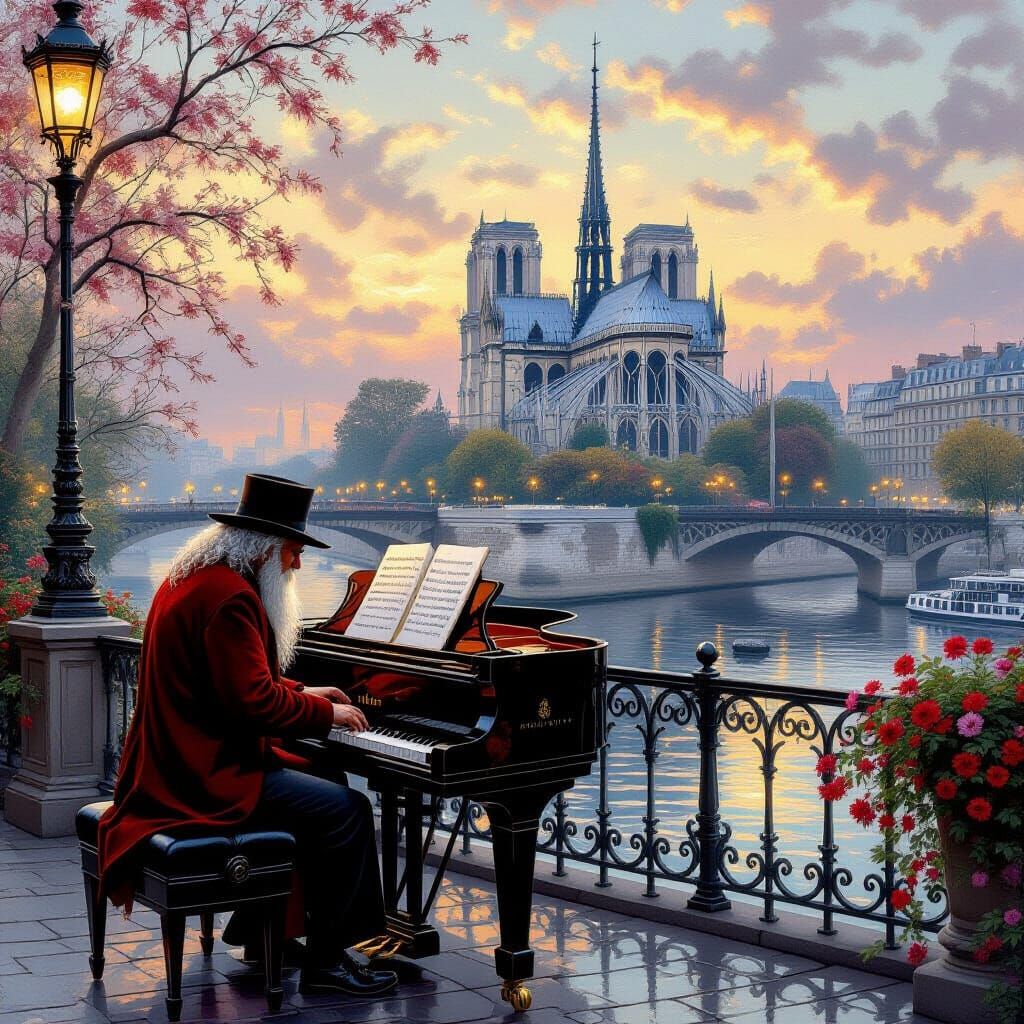 Red Piano Under Bridge with Eiffel Tower