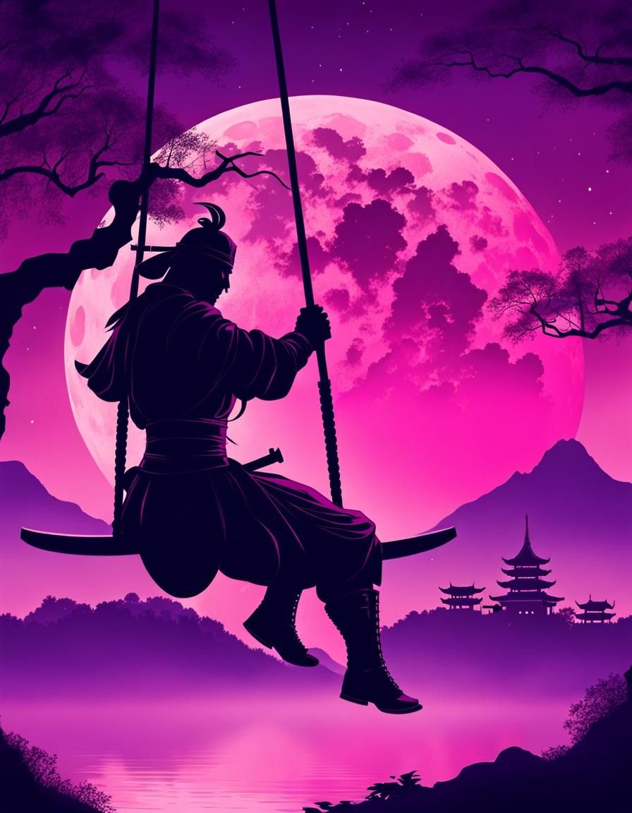 A samurai rides on swing in sky
