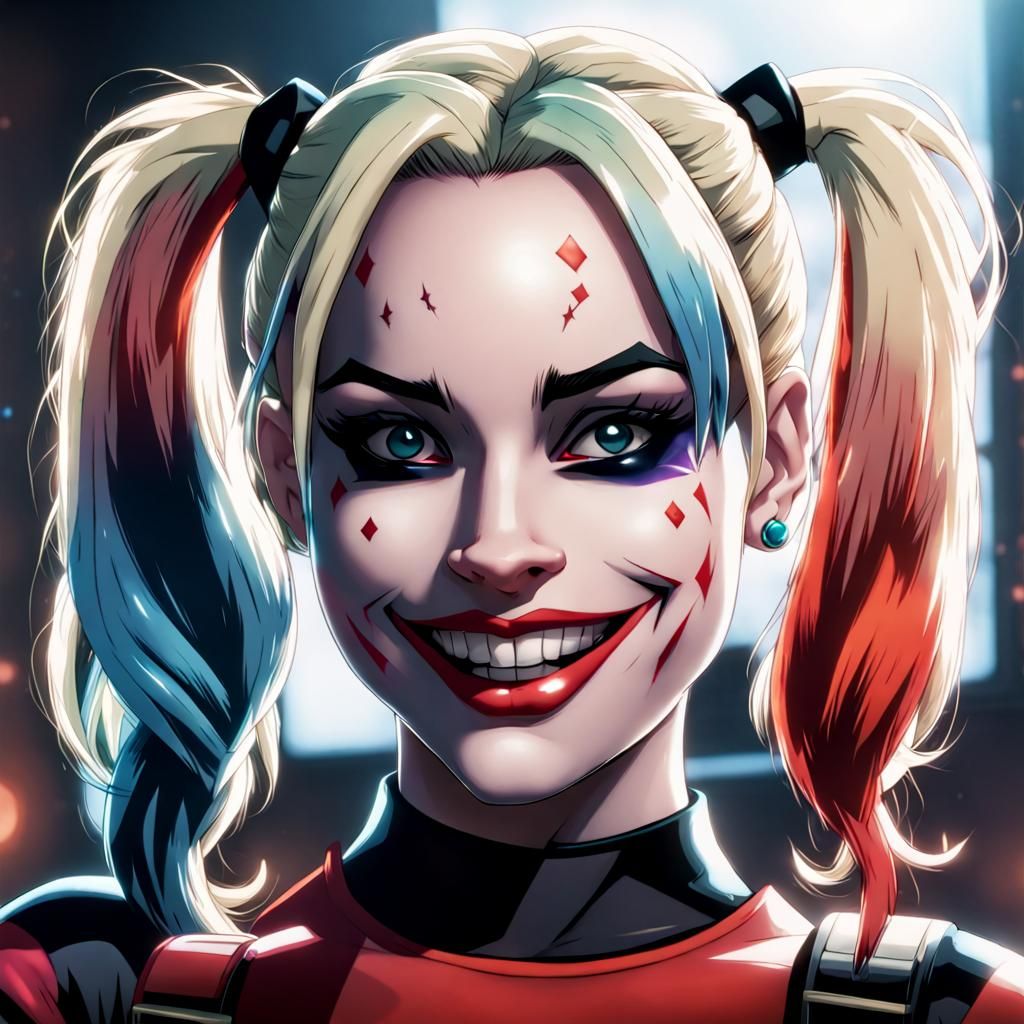 Harley Quinn smiling sadisticly - AI Generated Artwork - NightCafe Creator