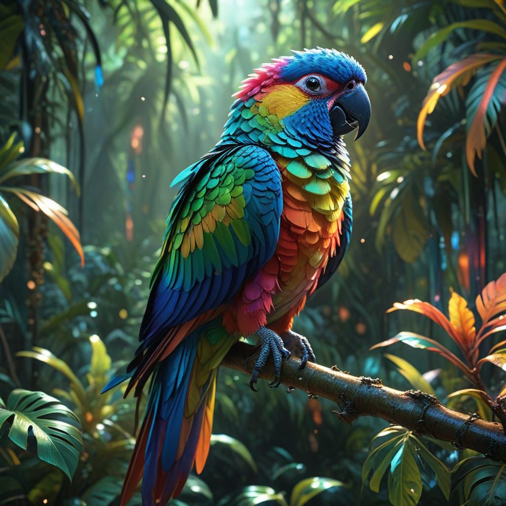 Tropical Parrot with Crystal Feathers in Anime Style