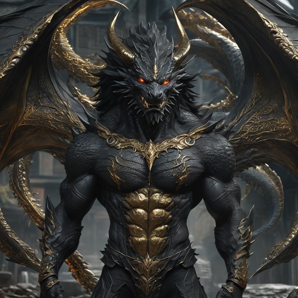 Detailed Black Dragon Man with Gold Jewelry