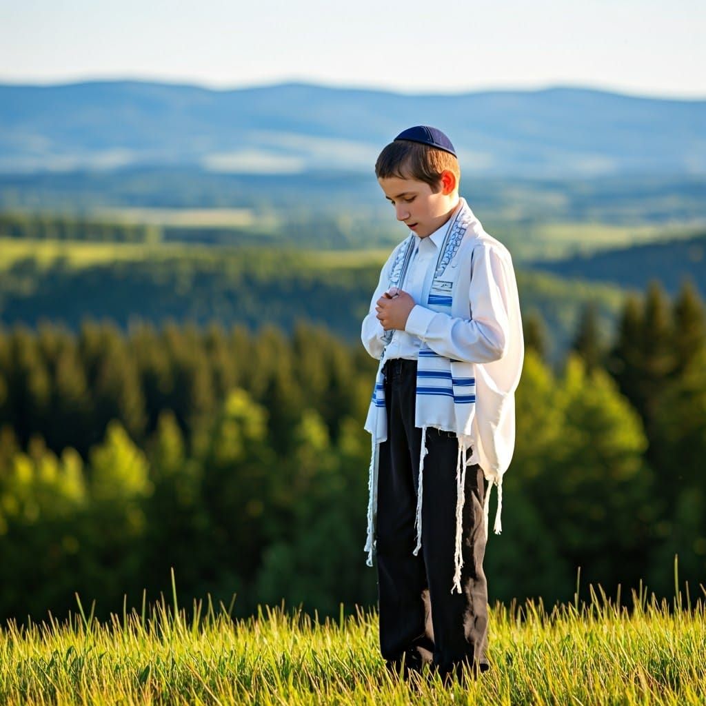 Serene Lithuanian Landscape with Devout Boy in Prayer