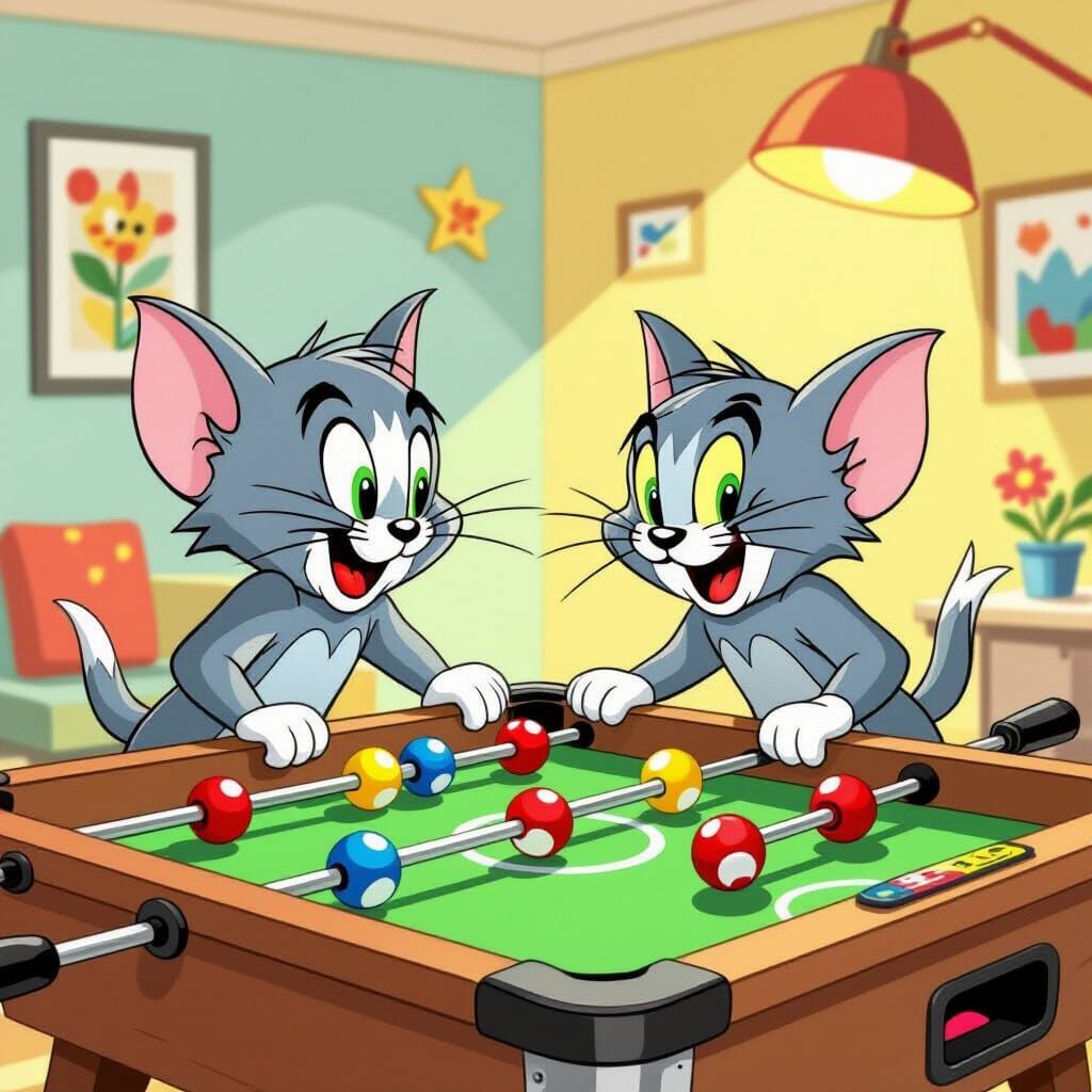 Tom and Jerry are playing together on a foosball table. They look cheerful and competitive, enjoying the game. The scene is colorful, fun, a...