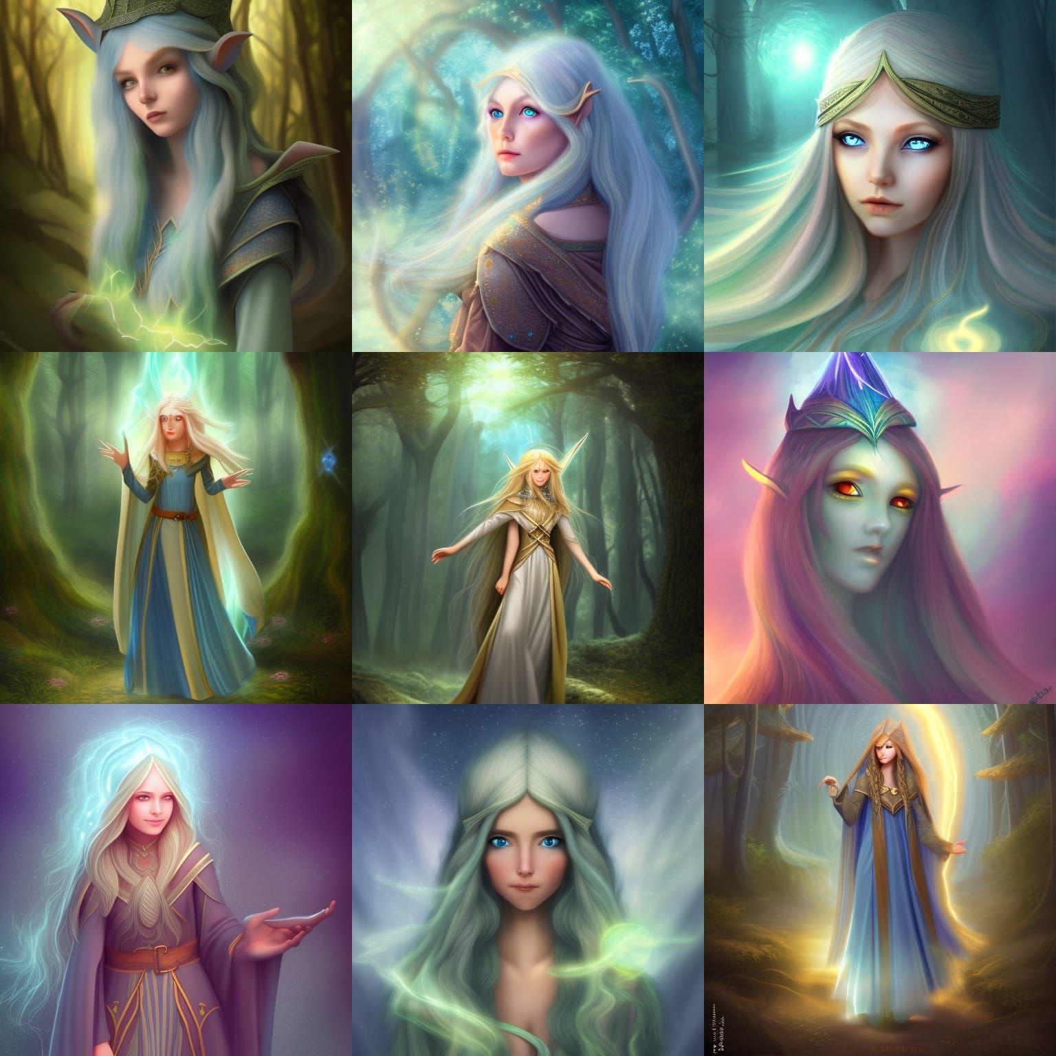 A cute wizard elven, blue long hair, golden eyes, in a fores...