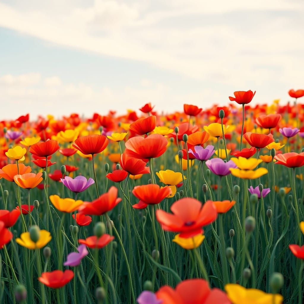 Gentle Rainbow Poppies Swaying in Serene 8k Landscape