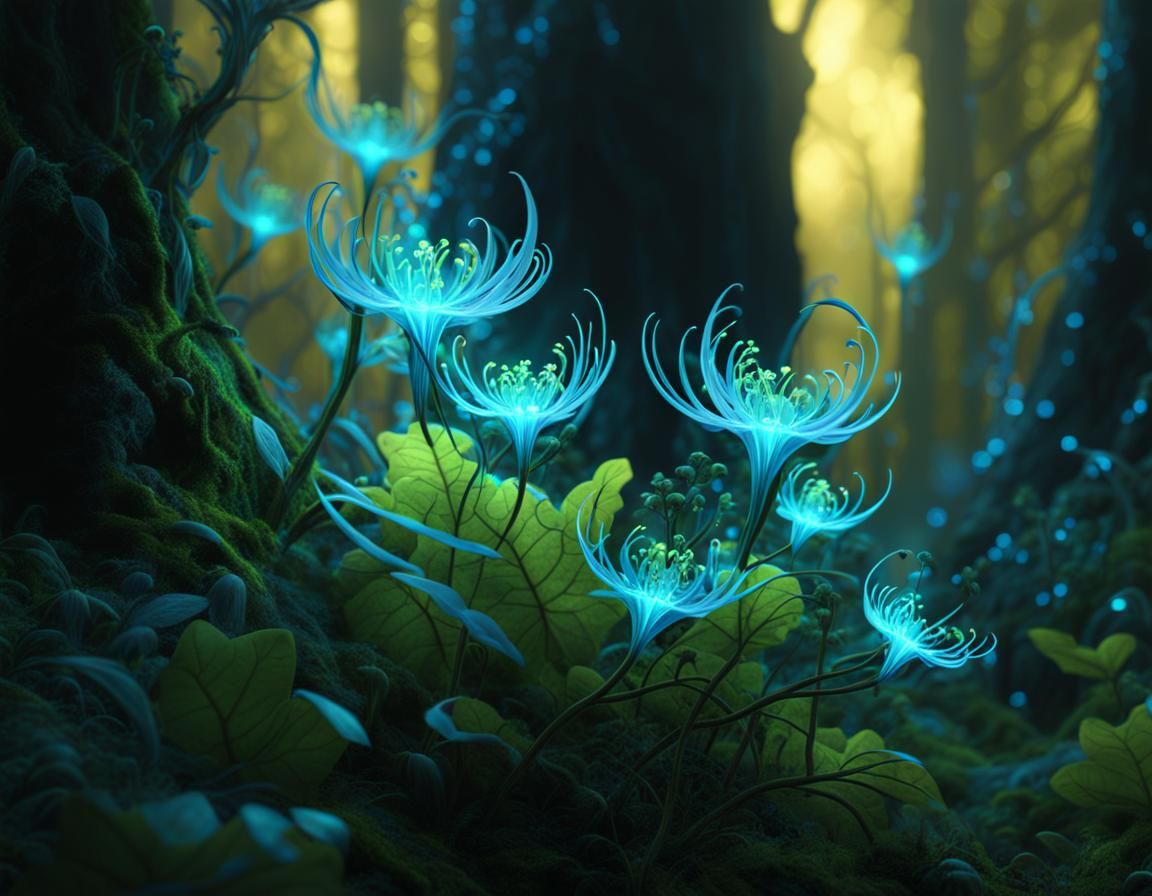 close-up shot of an Bioluminescence fluorescent fractal filligree plant in an dark fantasy moosy forest surrounded by shiny luminous firefly...