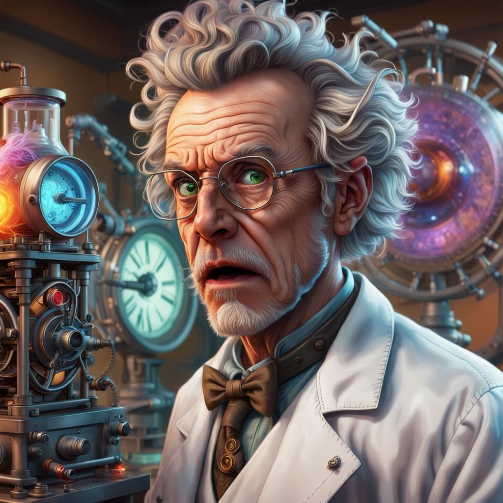 "mad scientist and his time machine Hyperrealistic, splash a...