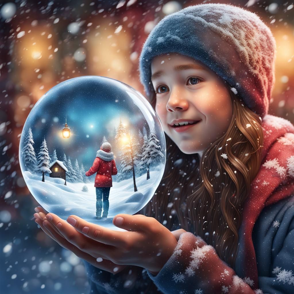 A girl holding a snow globe in her hands, shaking the globe, snow ...