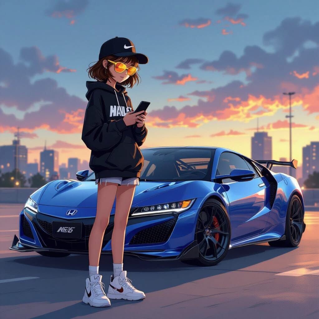 L'image représente une illustration stylisée en anime ou art digital, avec un thème urbain et automobile. Au premier plan, une jeune fille a...