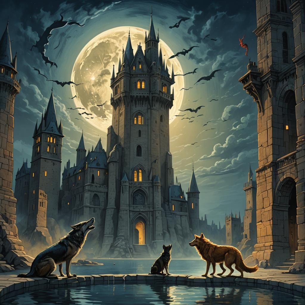 a full moon shining brightly between two towers. A dog and a wolf - AI ...