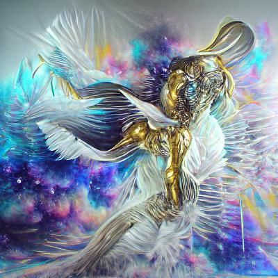 Angel with large feathery wings spread out white and gold ac...