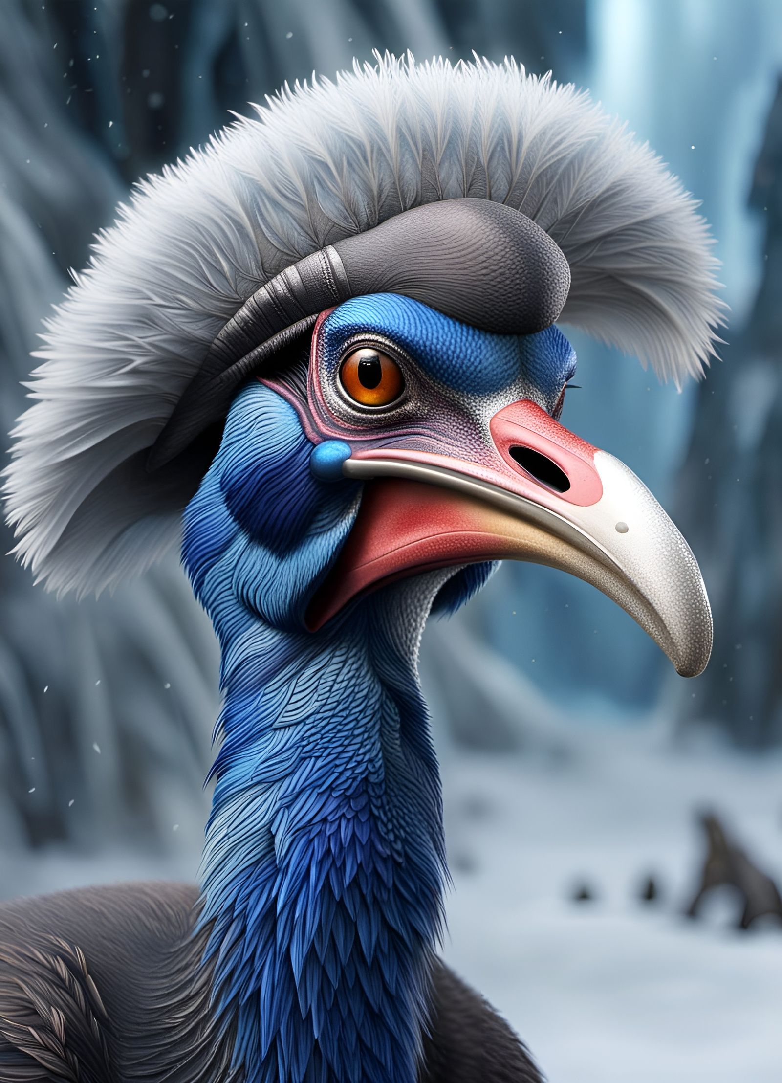 Ultra realistic detailed frosty helmeted cassowary