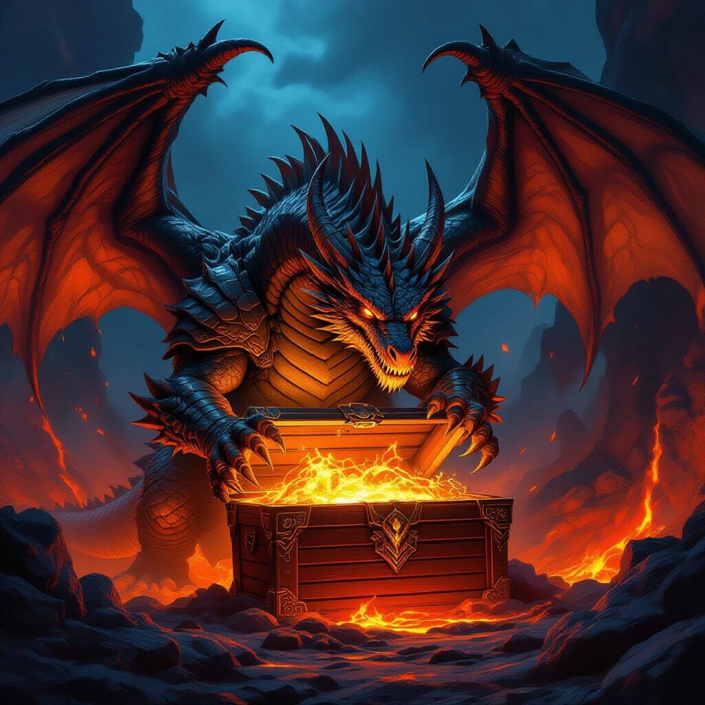 A colossal, ancient dragon guards a treasure chest that pulses with raw magical energy, nestled within ...  by @Lintumilka Manonka