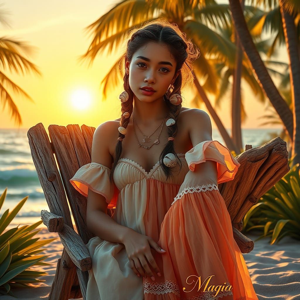 a more beautiful looking woman with hawaian vibes and a beautiful dress with hair