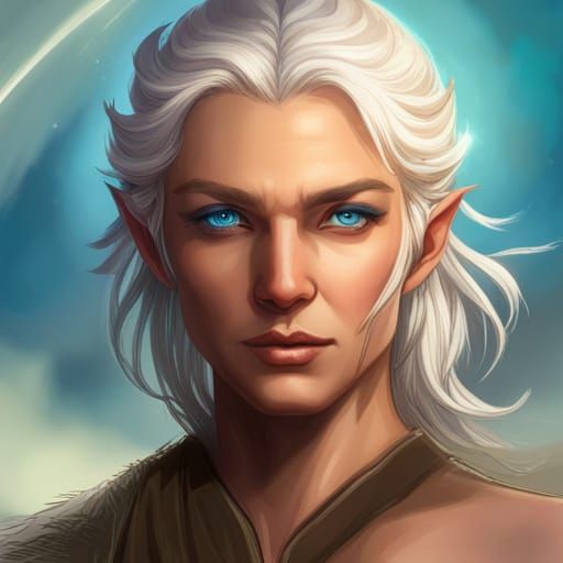 Portrait of an elven druid with short white hair, blue eyes, a light ...