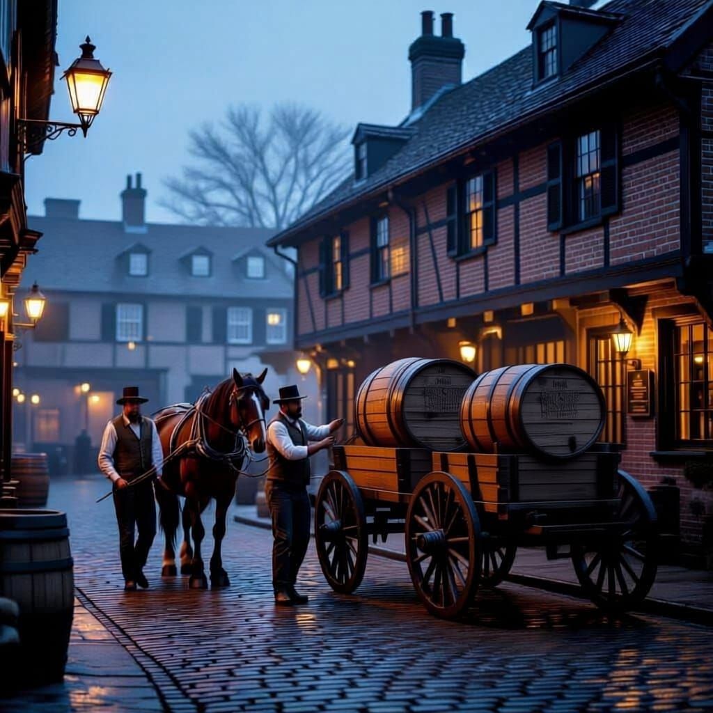 Two men unload large wooden kegs from a horse-drawn wagon in the cobbled yard behind an early 19th Century tavern. It is misty and late at n...