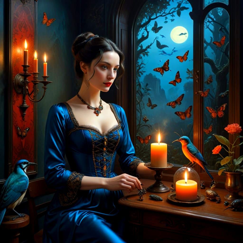 Surrealistic Lady Enchants with Whimsical Creatures in a Fan...