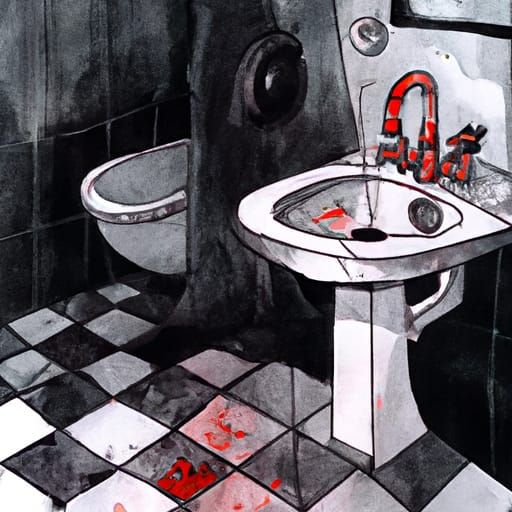 A toilet with not so much red paint spilled on the toilet. r...