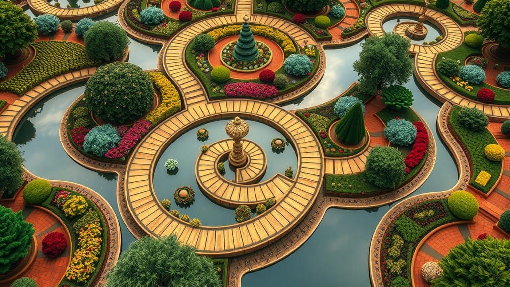 A bird's-eye view of an expansive garden designed with perfect golden spirals. Each plant, flower bed, ...  by @Zam