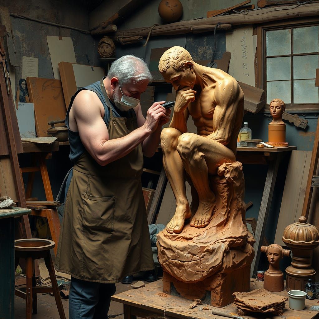 Digital masterpiece of an artist sculpting ‘The Thinker’ out of clay  by @Kimber
