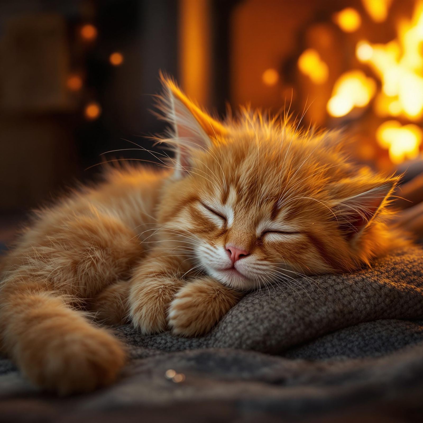 Hyperrealistic ethereal baby fuzzy orange kitten sleeping by fireplace   by @Melissa Fischer