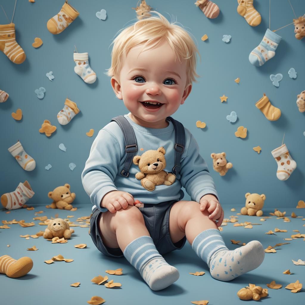 Blond Baby Smiles on a Light Blue Background in Whimsical Fa...