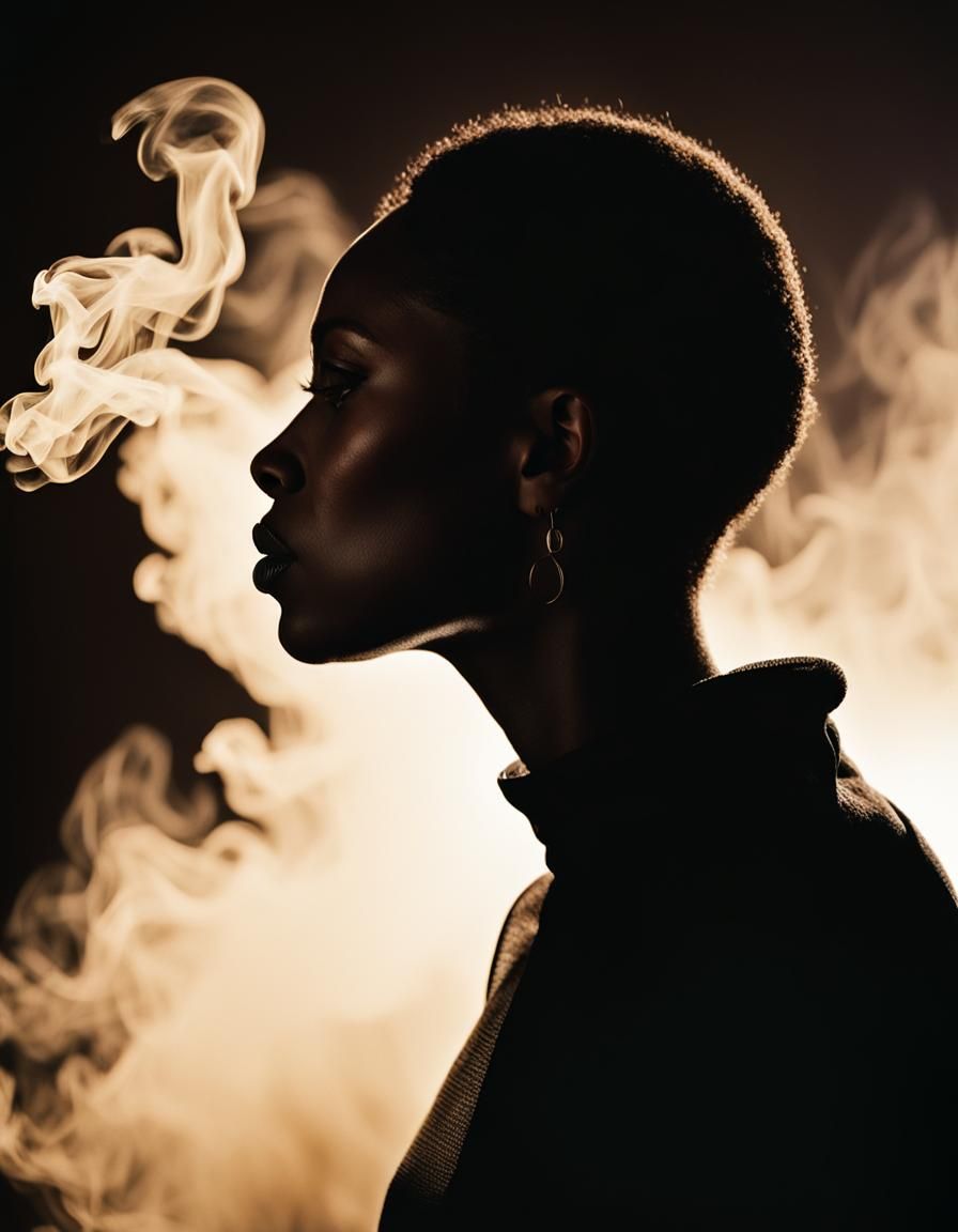 VIDEO TEST: Close-up, Side view portrait wearing turtleneck blouse, medium-sized black woman silhouette, face warmly bac...