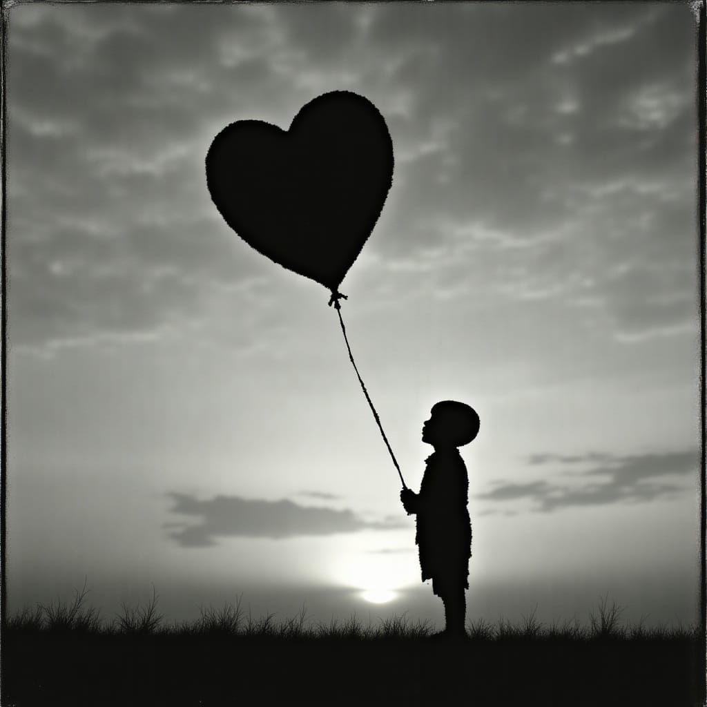<lora:Spectral Pathways:1.3> Silhouette of a boy carrying a heart-shaped balloon, against a grey sky with a setting sun, in the style of An...