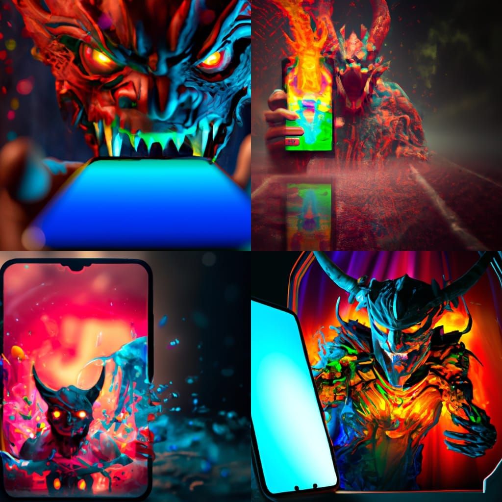 Digital demon coming out of smartphone, hype-realistic, unreal engine ...