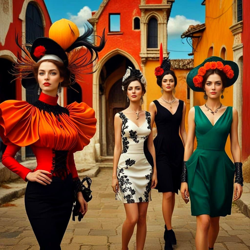 Vibrant Medieval Women in Whimsical Landscape