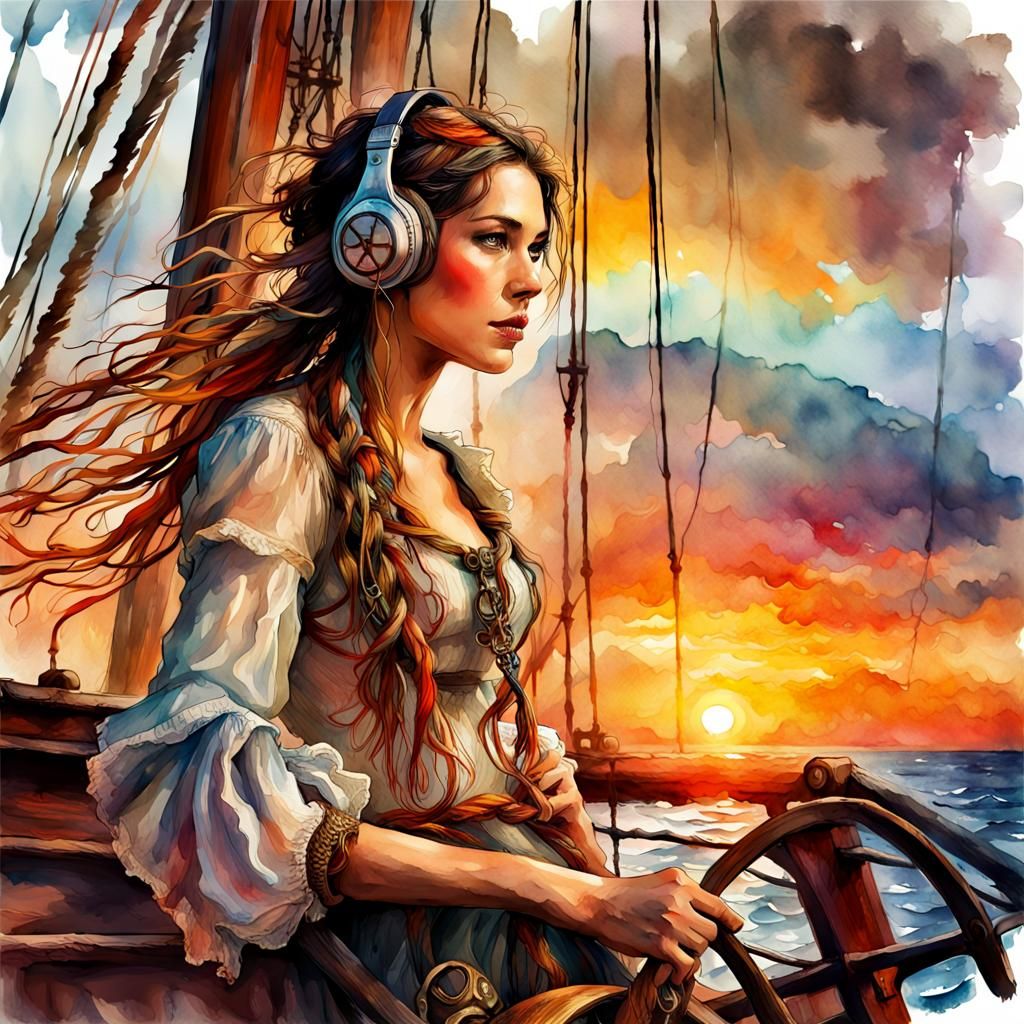 Beautiful Pirate Woman on Ship: Watercolor Art