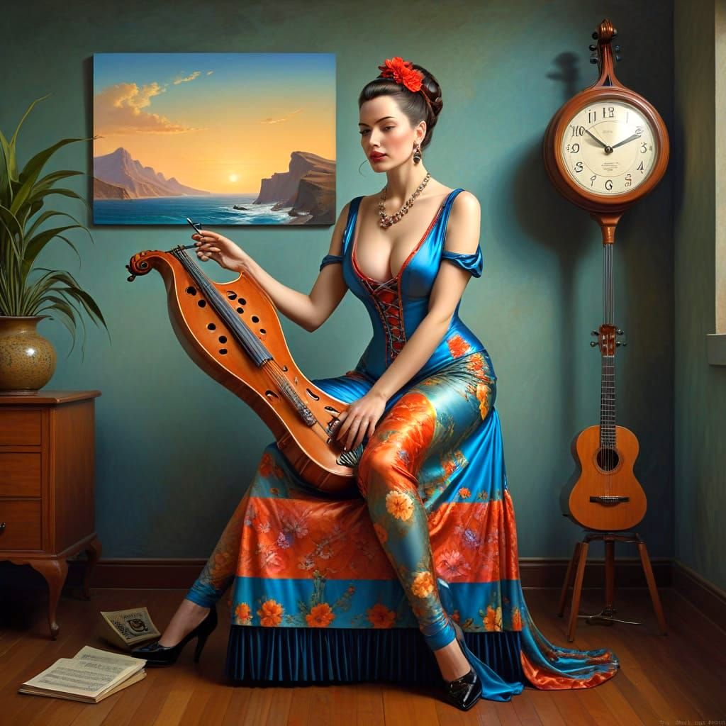 Happy Lady with Musical Instrument in Surreal Landscape