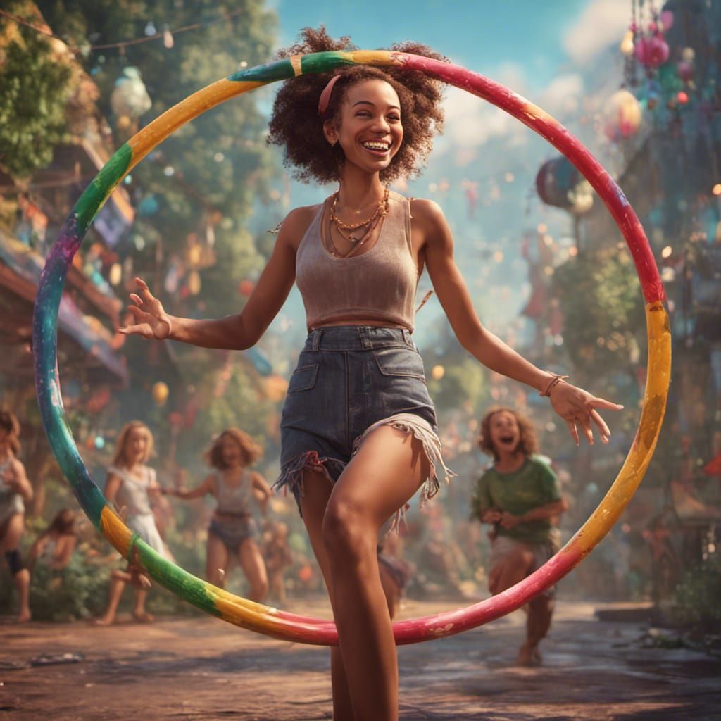 hula hoop girl smiling and laughing,big hula hoop,friends wa...
