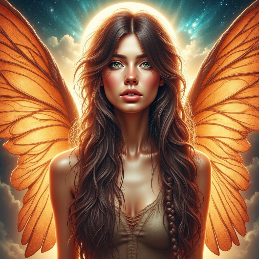 <lora:Illuminate:1.0> beautiful young female punky angel: full body pose, amazing wings: mischievous and disheveled : flirty vivid large exp...